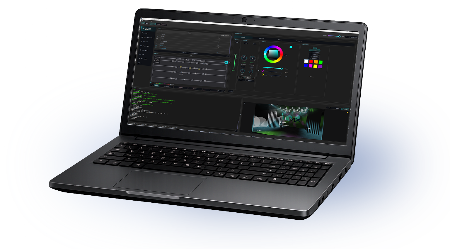 LMX running on a laptop — patch tables, colour picker, command line, and the 3D visualiser on screen