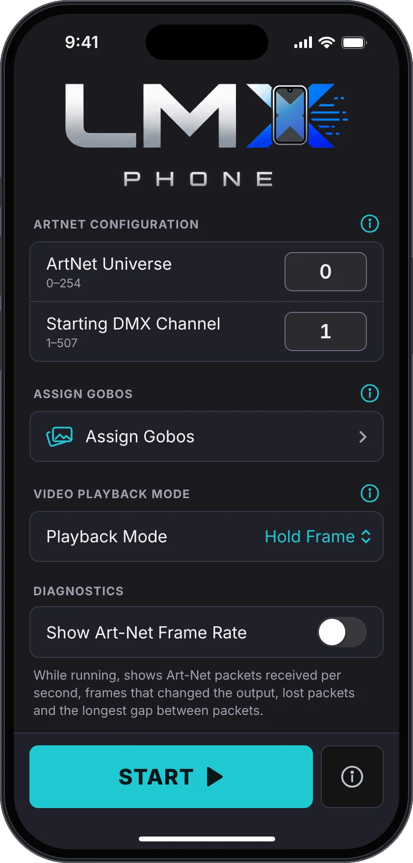 The LMX Phone start screen in dark mode: Art-Net universe and starting DMX channel, assigning photos and videos, video playback mode, diagnostics and a Start button