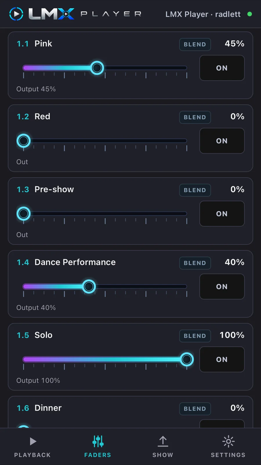 Named faders with levels and ON buttons on the LMX Player page in a phone browser