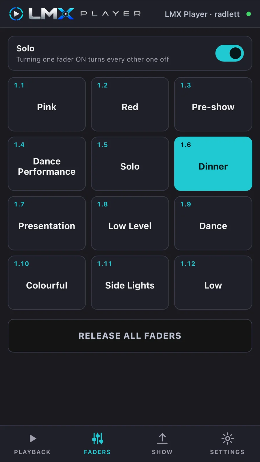 Named lighting scenes ready to recall from a phone