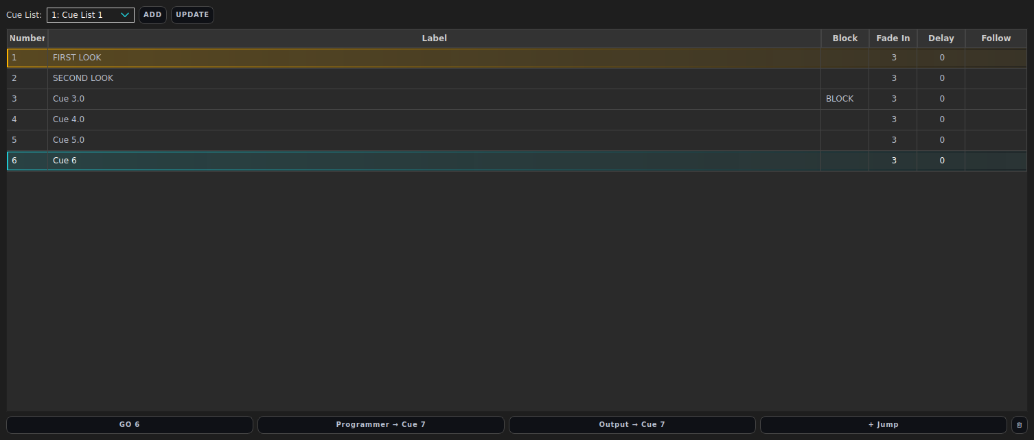 The Cues tab: the cue list with its controls along the bottom