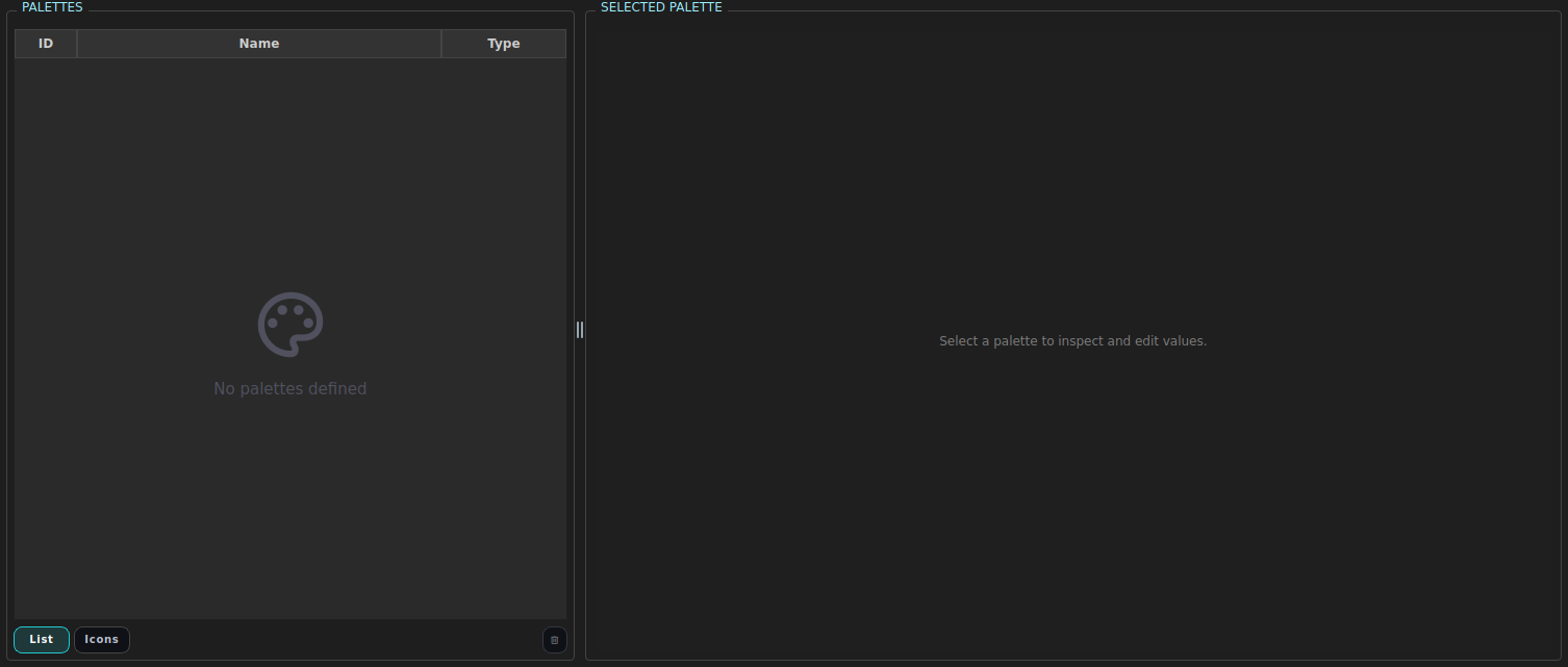 The Palettes tab: palette list and the selected-palette editor