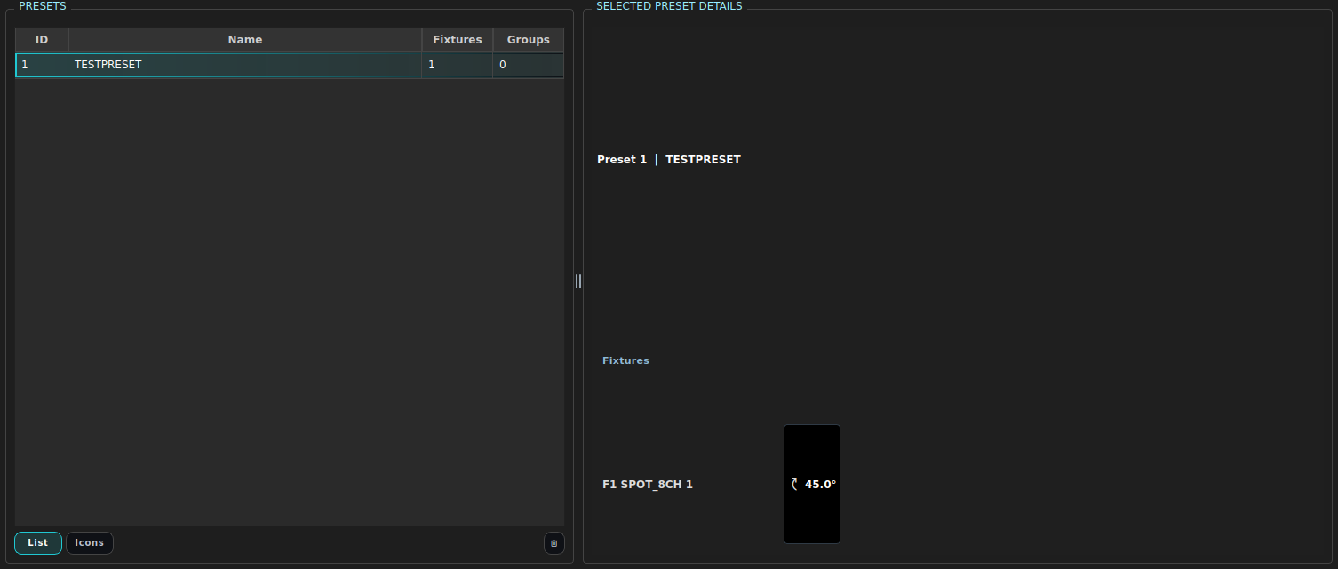 The Presets tab: preset list and the selected-preset detail panel